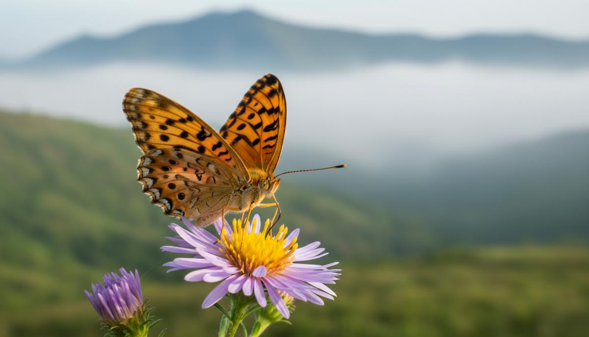 Соцсети на страже биоразнообразия: новый взгляд на миграцию видов Оранжевая бабочка Acraea terpsicore с черными точками сидит на цветке на фоне зеленых холмов и утреннего тумана.
