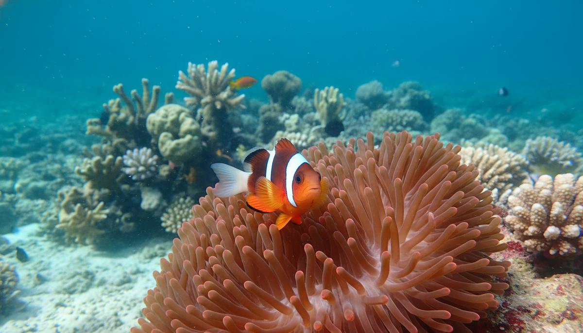 Молодая оранжевая рыба-клоун с двумя белыми полосками выглядывает из-за щупалец морского анемона на коралловом рифе.