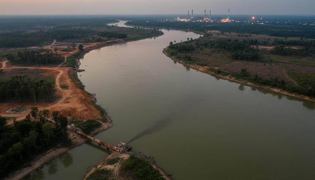 Новая угроза для Меконга: от загрязнения до политического кризиса Аэрофотосъемка реки Меконг на закате, в которую впадает приток с мутной водой из промышленной трубы на берегу.