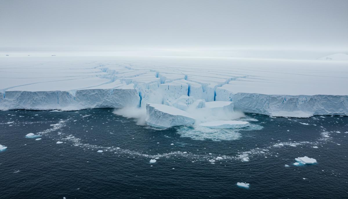 Огромный антарктический ледник с глубокими трещинами на поверхности. Крупные глыбы льда откалываются и падают в тёмные воды океана на фоне пасмурного неба.