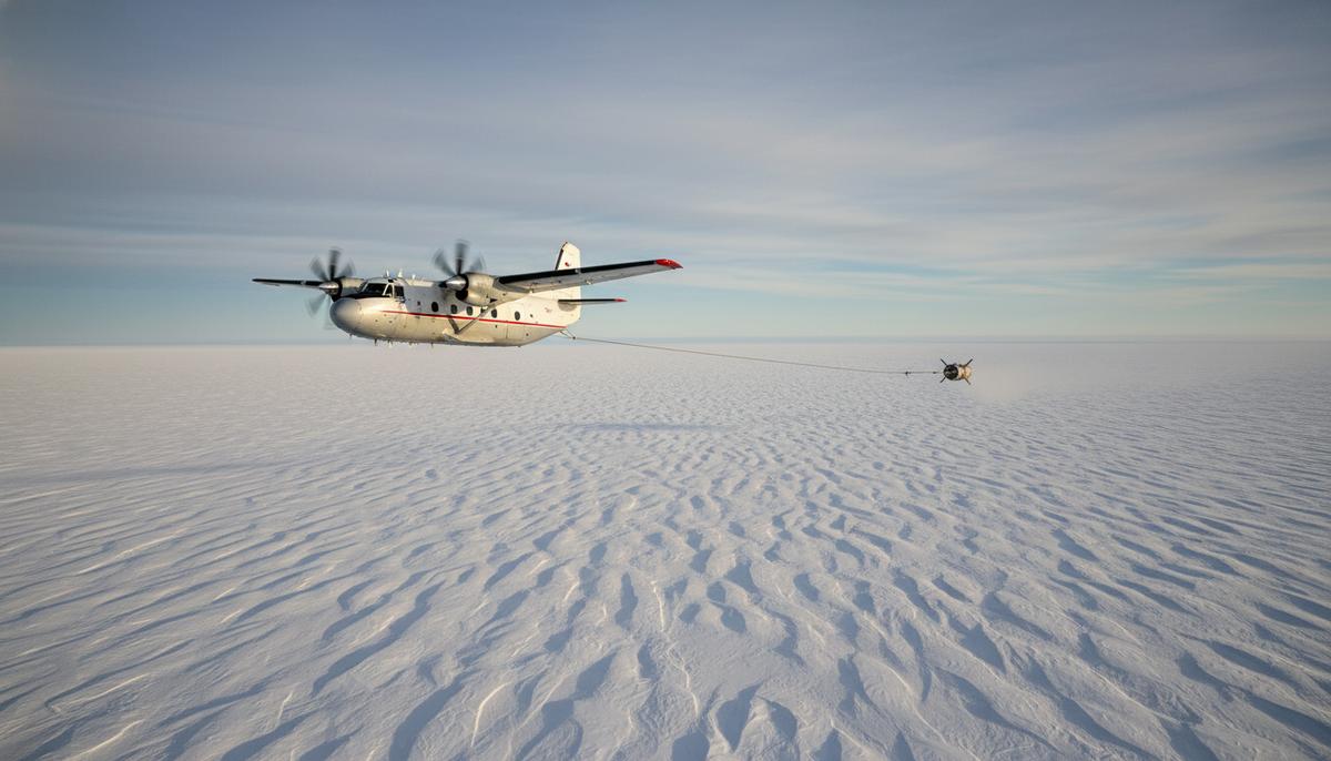 Исследовательский самолет Polar 6 с научным зондом на тросе летит низко над бескрайними заснеженными просторами Антарктиды под облачным небом.
