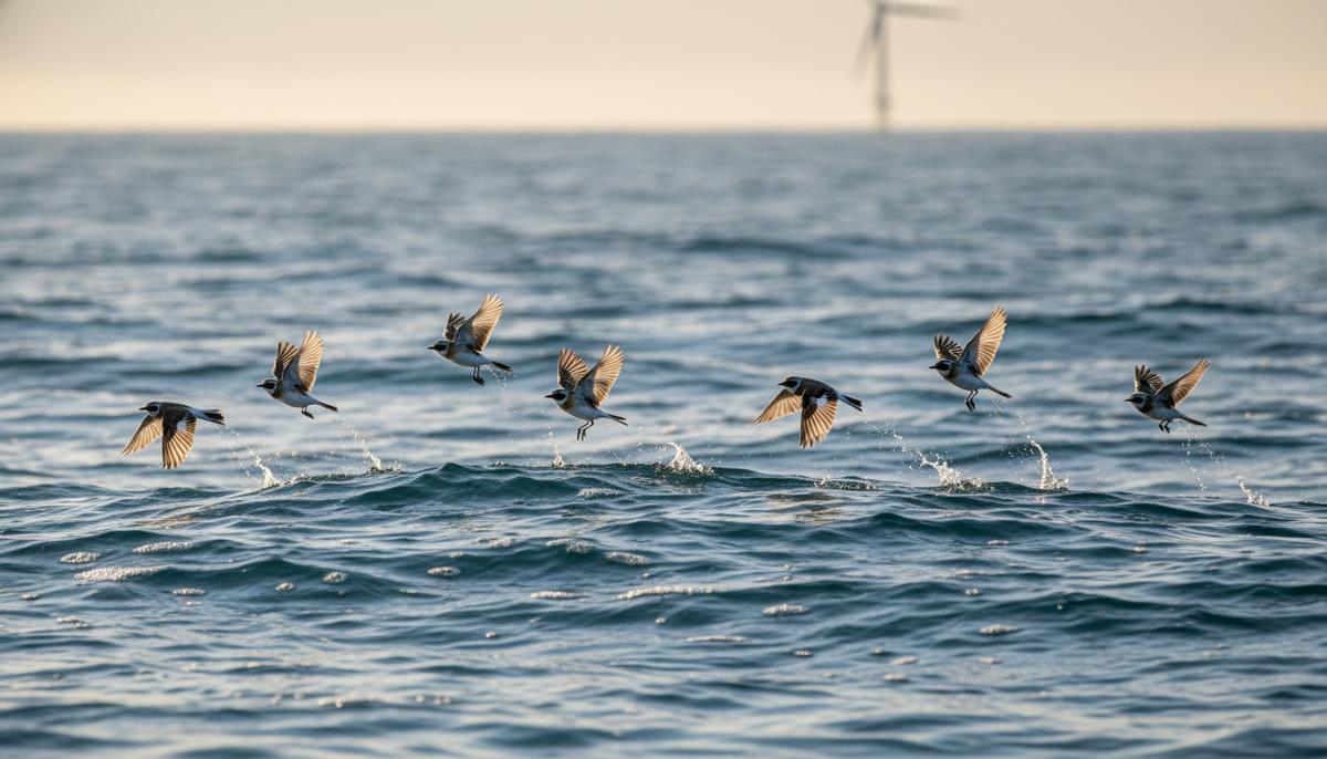 Выше в пустыне, ниже над морем: новая угроза для перелетных птиц Стая небольших перелетных птиц летит очень низко над волнами бескрайнего моря. На горизонте виднеется силуэт ветряка.