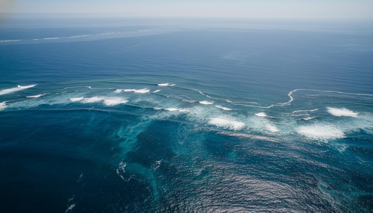 Соленость океана усиливает Эль-Ниньо: новое открытие климатологов Тихий океан с высоты птичьего полета, поверхность воды с волнами и бликами солнца, намекающая на подводные течения.