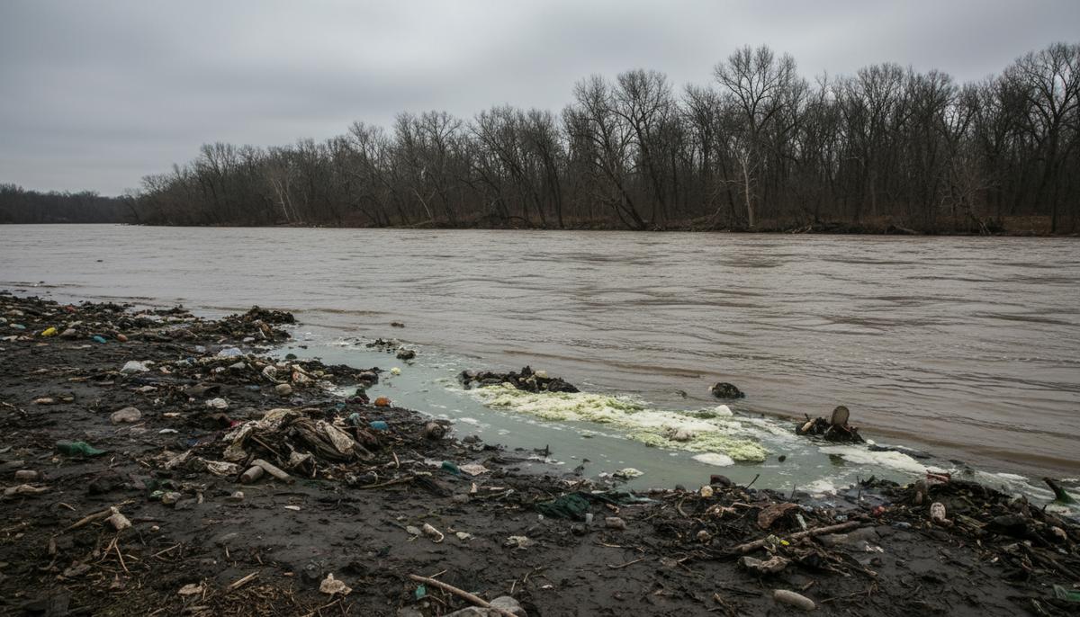 Река Потомак: супербактерии в воде после утечки канализации Берег реки Потомак, загрязненный сточными водами. Мутная вода коричневого цвета, на земле видны следы и мусор от разлива канализации.