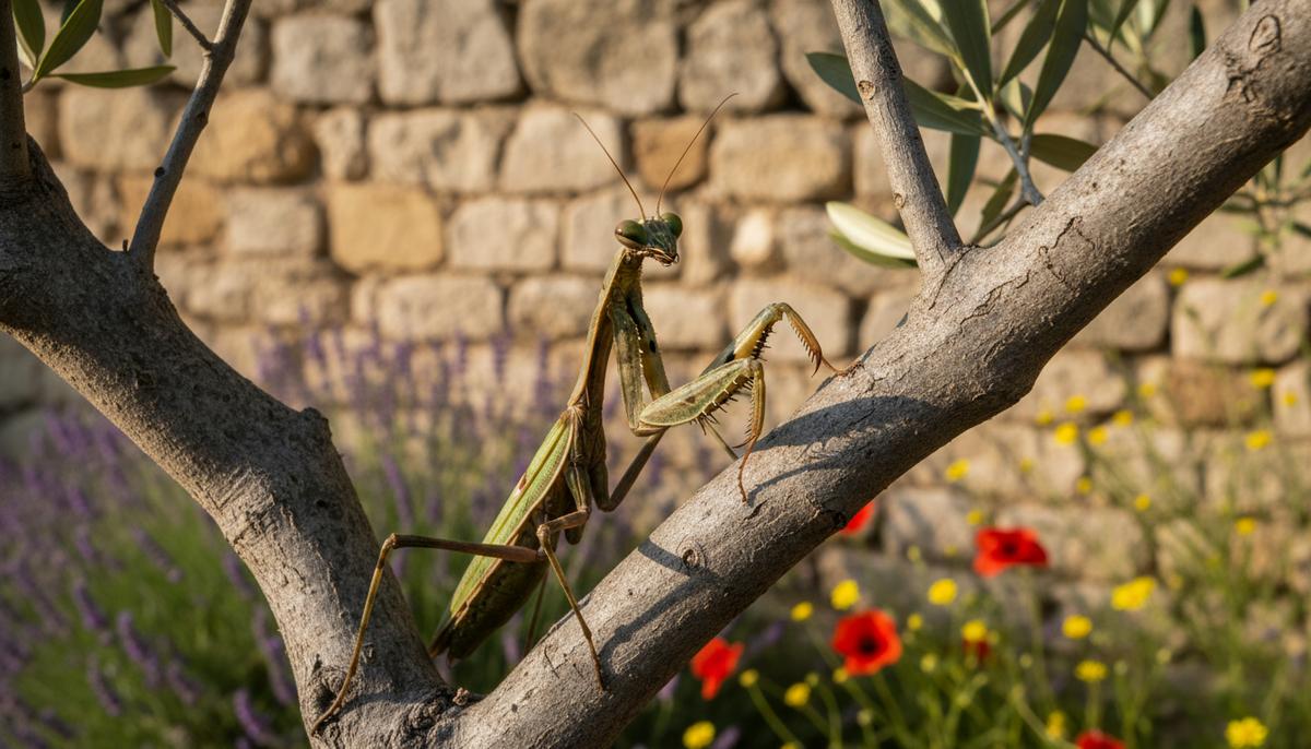 Азиатские богомолы: новая угроза для экосистем Европы Крупный азиатский богомол сидит на ветке дерева в саду на размытом фоне каменной стены и полевых цветов.