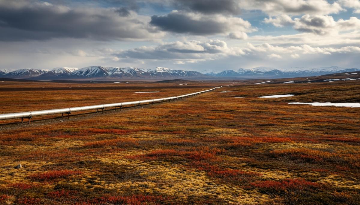 Трансаляскинский нефтепровод, пересекающий бескрайнюю дикую тундру Аляски на фоне предгорий хребта Брукс.
