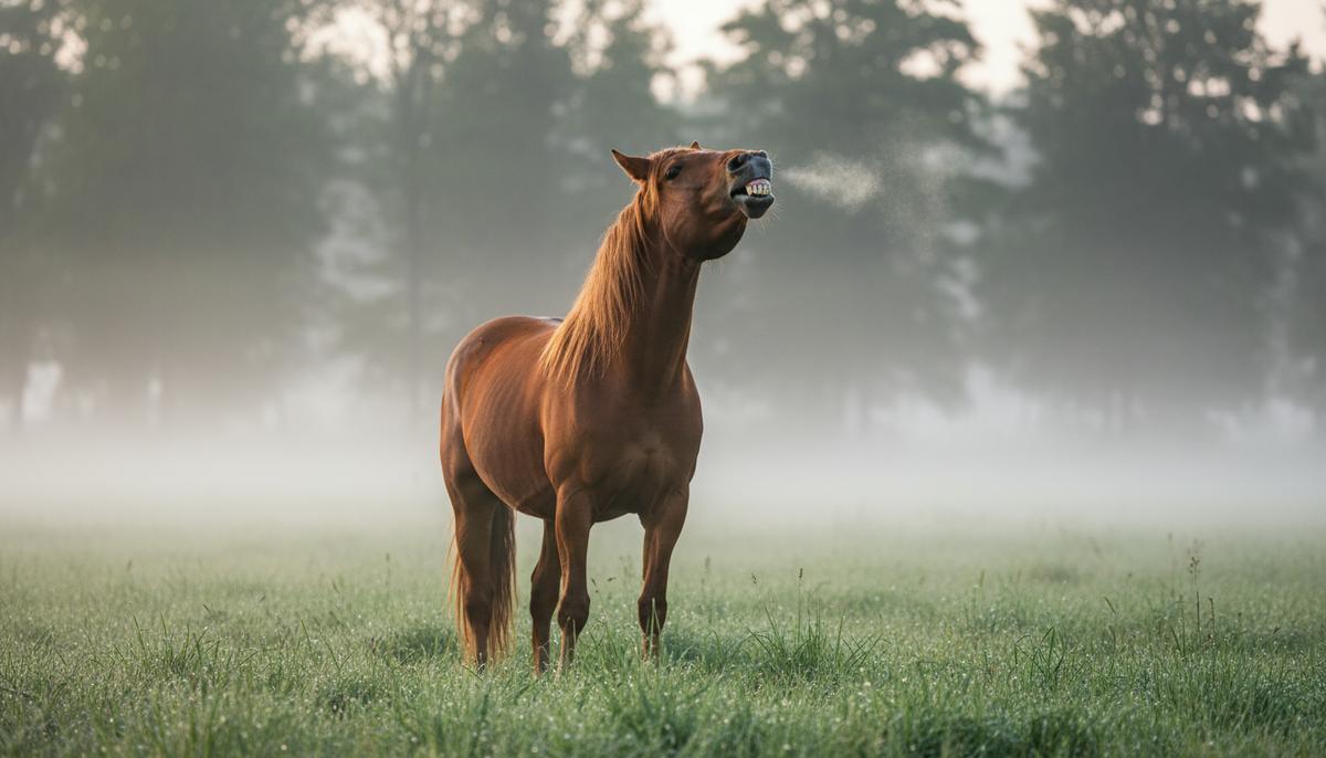 Загадка лошадиного ржания: как животные издают двойной звук Крупный план лошади, которая ржет в поле туманным утром. Из ноздрей идет пар, голова животного поднята вверх.
