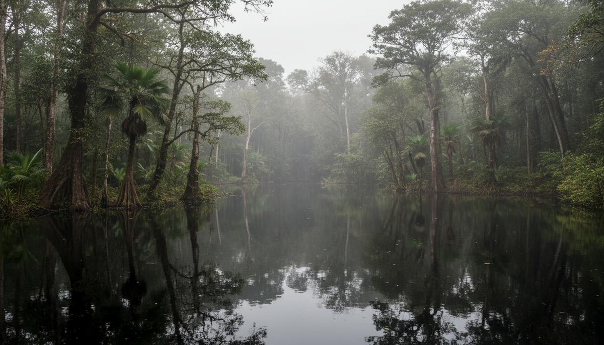 Огромное озеро с темной, как чай, водой в окружении густых болотных лесов и джунглей бассейна реки Конго.
