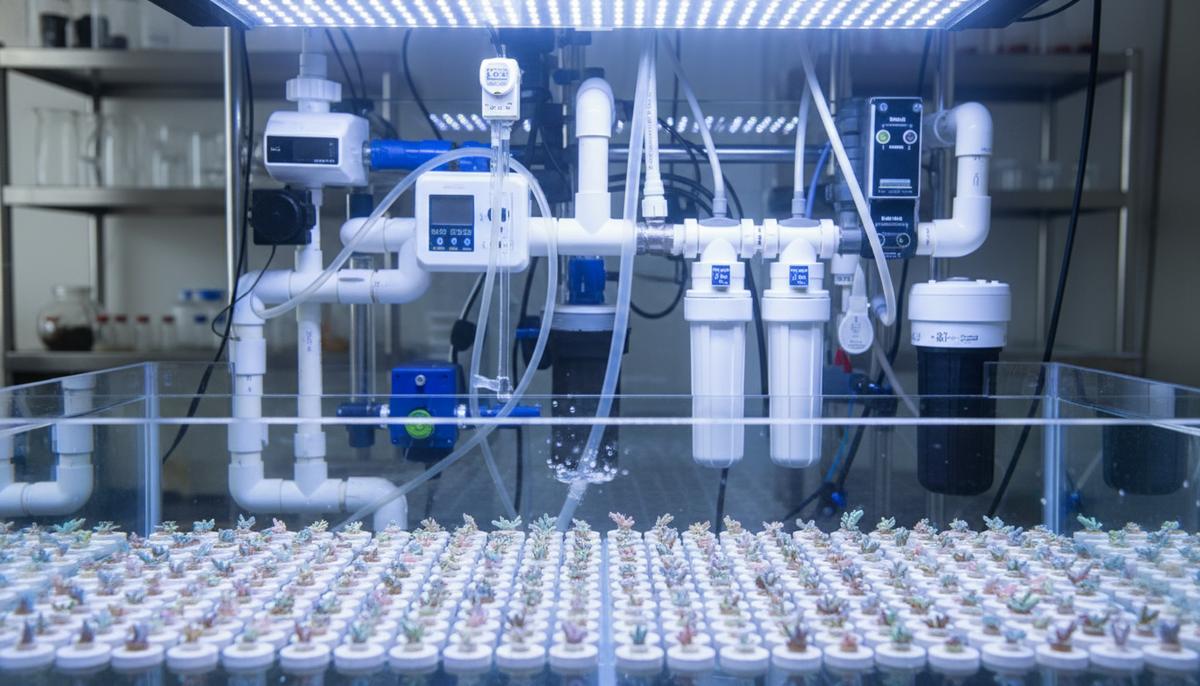 Резервуар с водой в научной лаборатории, где на специальных подложках растут молодые коралловые полипы среди научного оборудования.