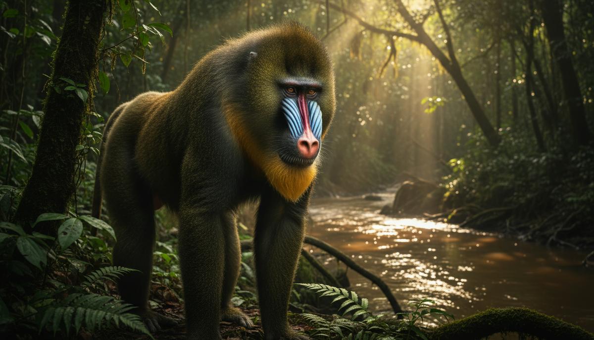 Убежище под угрозой: охота вытесняет мандрилов из национального парка Крупная обезьяна мандрил с яркой сине-красной мордой стоит на берегу реки в густых джунглях Экваториальной Гвинеи.