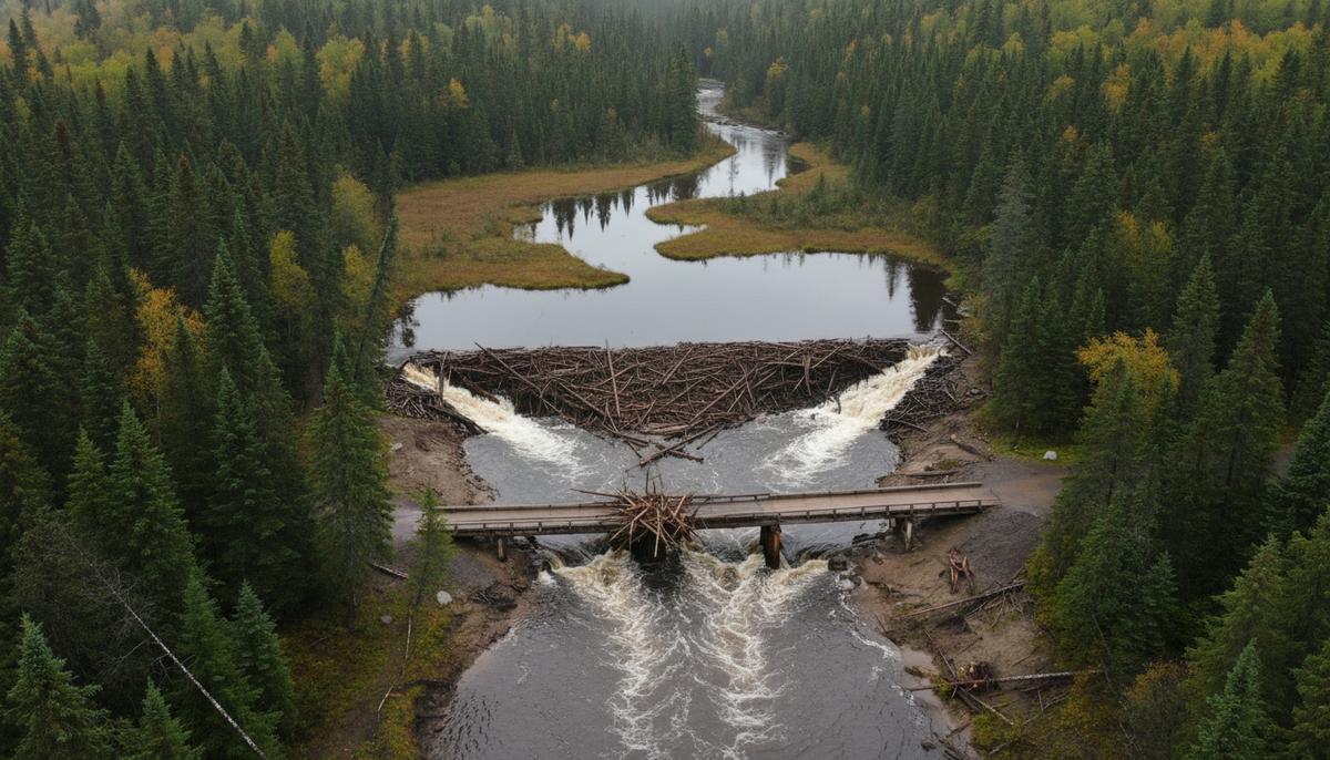 Оправданные бобры: наука против мифа о вине плотин в наводнениях Вид с воздуха на реку в лесу. Бобровая плотина создает заводь, а ниже по течению видны размытые берега и затор из бревен у моста.