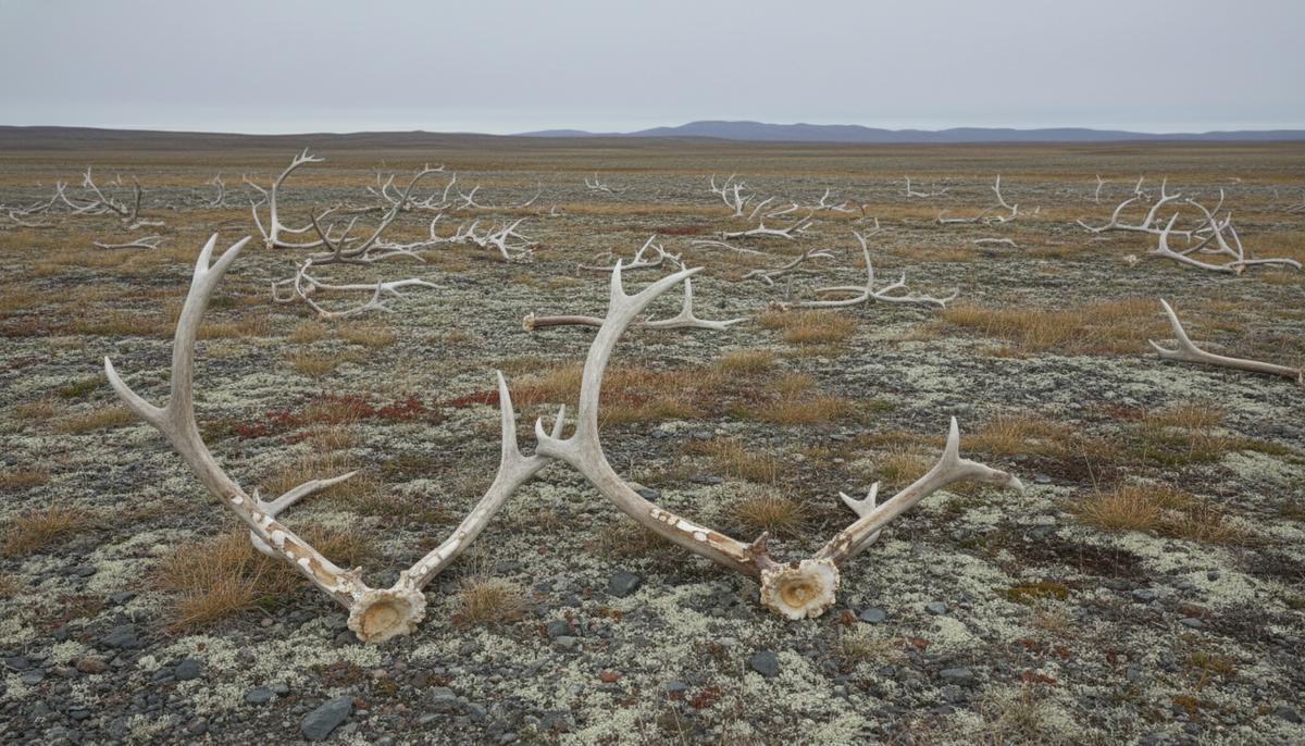 Загадка рогов: зачем самкам северного оленя такое украшение Сброшенные рога северного оленя со следами погрызов, лежащие на земле в арктической тундре среди мхов и камней.