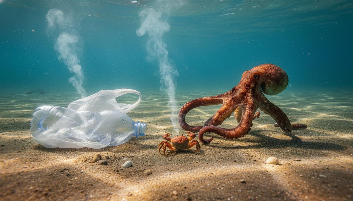 Пластик в океане: как химикаты меняют поведение морских обитателей Осьминог на дне океана исследует щупальцем маленького краба, рядом в песке лежит пластиковая бутылка и пакет.