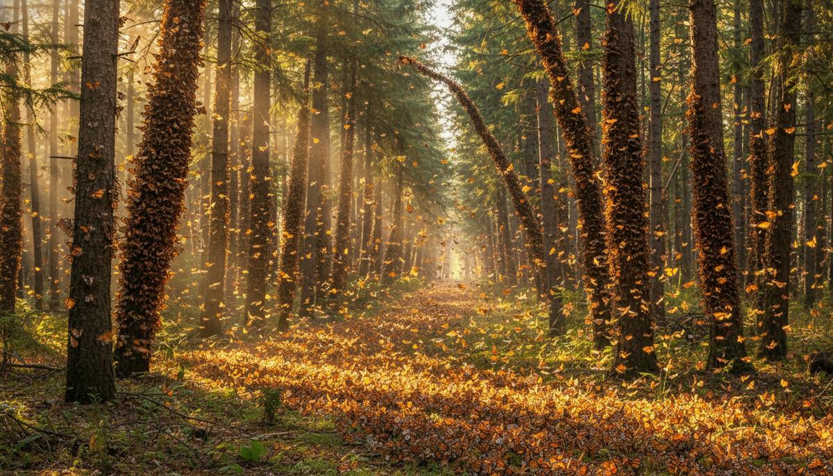 Климат меняет путь бабочек-монархов: великая миграция под угрозой Массовое скопление оранжевых бабочек-монархов на ветвях хвойных деревьев в солнечном лесу во время сезонной миграции.