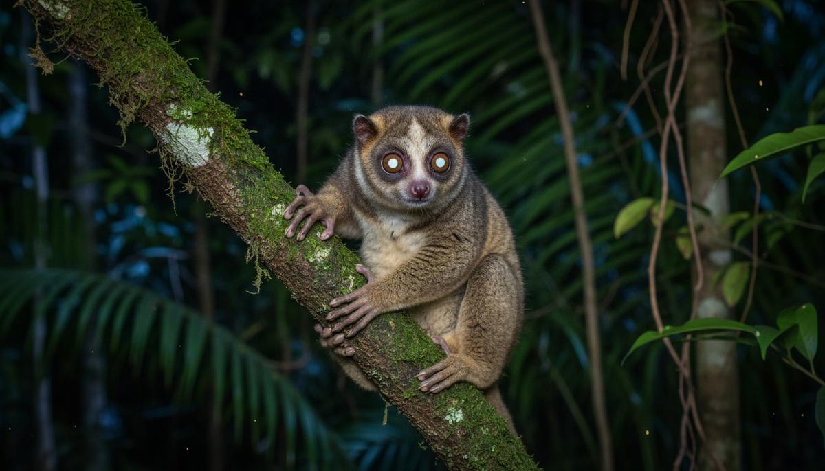 Бенгальский медленный лори с большими глазами сидит на поросшей мхом ветке дерева в ночном тропическом лесу Бангладеш.