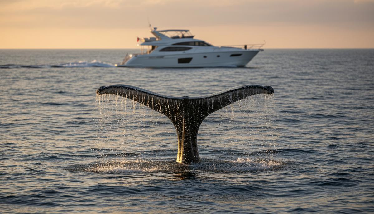 Тихая угроза: судоходство нарушает жизнь морских гигантов в океане Хвост горбатого кита поднимается из воды на фоне проплывающей вдалеке моторной яхты. Океан, закатный свет.