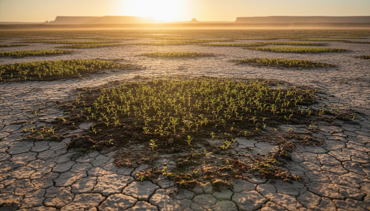 Нанобиоуголь: новый материал для очистки воды и восстановления почв Иссохшая потрескавшаяся земля, на участках которой видна темная плодородная почва с первыми зелеными ростками. Восстановление засушливого ландшафта.