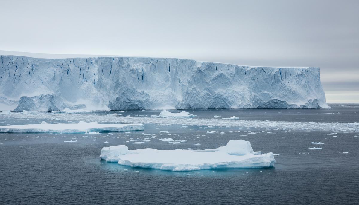 Железная загадка Антарктиды: ледники не удобряют океан Огромная ледяная стена шельфового ледника Дотсон в Антарктиде нависает над темными водами Южного океана с дрейфующими льдинами.