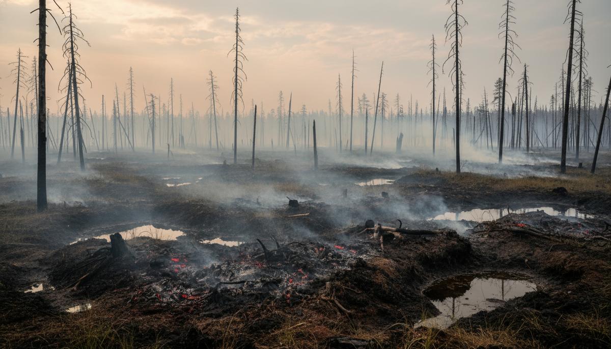Скрытая угроза: лесные пожары выделяют больше углерода, чем мы думали Тлеющая торфяная почва и обгоревшие стволы деревьев в бореальном лесу после пожара. От земли поднимается легкий дым.