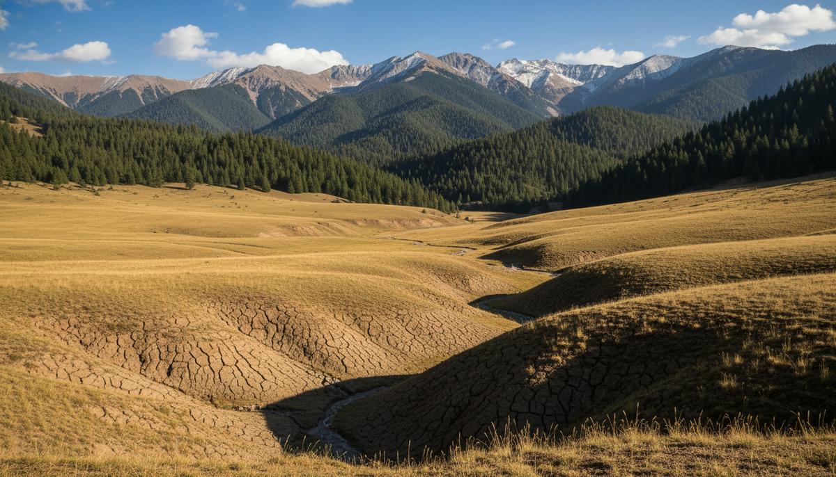 Горные почвы Китая: скрытый источник парниковых газов Горный склон в засушливом регионе Тянь-Шаня. На разной высоте видны участки сухой степи и леса под ясным небом.