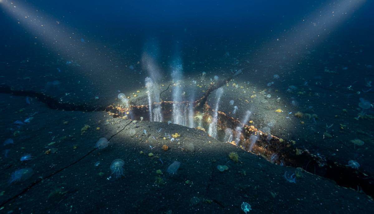 Тайны разлома Каскадия: найден механизм ослабления мегаземлетрясения Глубоководное морское дно в зоне разлома Каскадия. Из трещины в донных отложениях выходят потоки жидкости и пузырьки газа.