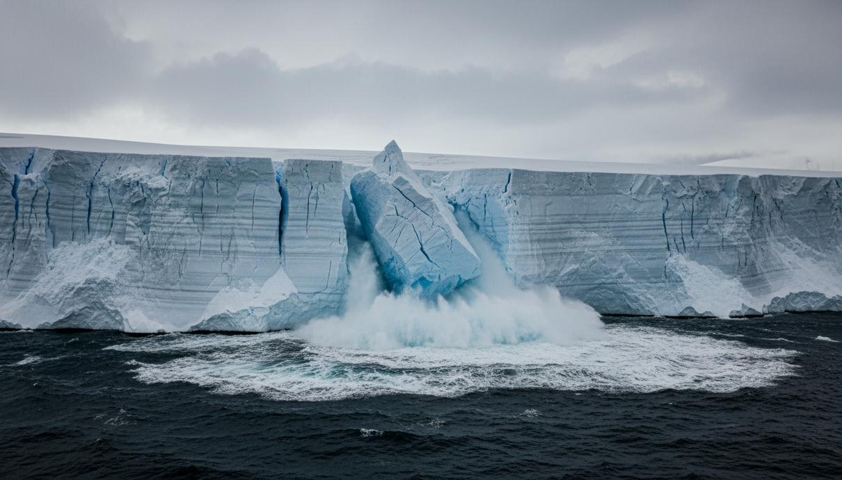 Огромный ледяной утес Антарктиды на границе с темным океаном. От ледника откалывается глыба льда, создавая брызги.