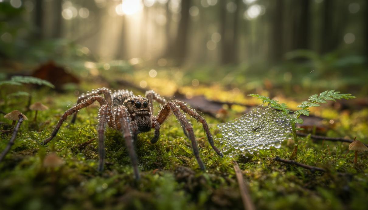 Крупный план паука-волка на влажной лесной почве, покрытой мхом, рядом видна паутина с каплями утренней росы.