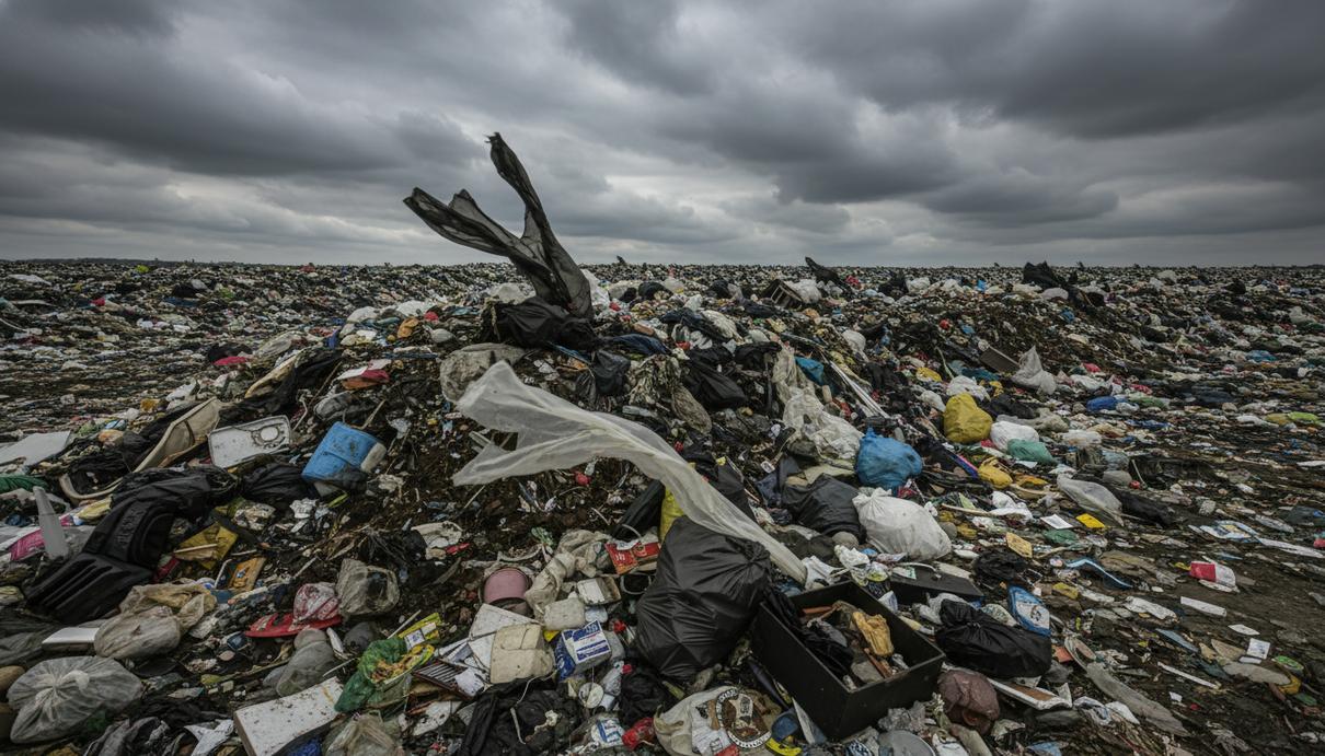Огромная свалка бытовых отходов, уходящая за горизонт, под пасмурным небом. Горы мусора, пластиковые пакеты и другие отходы.