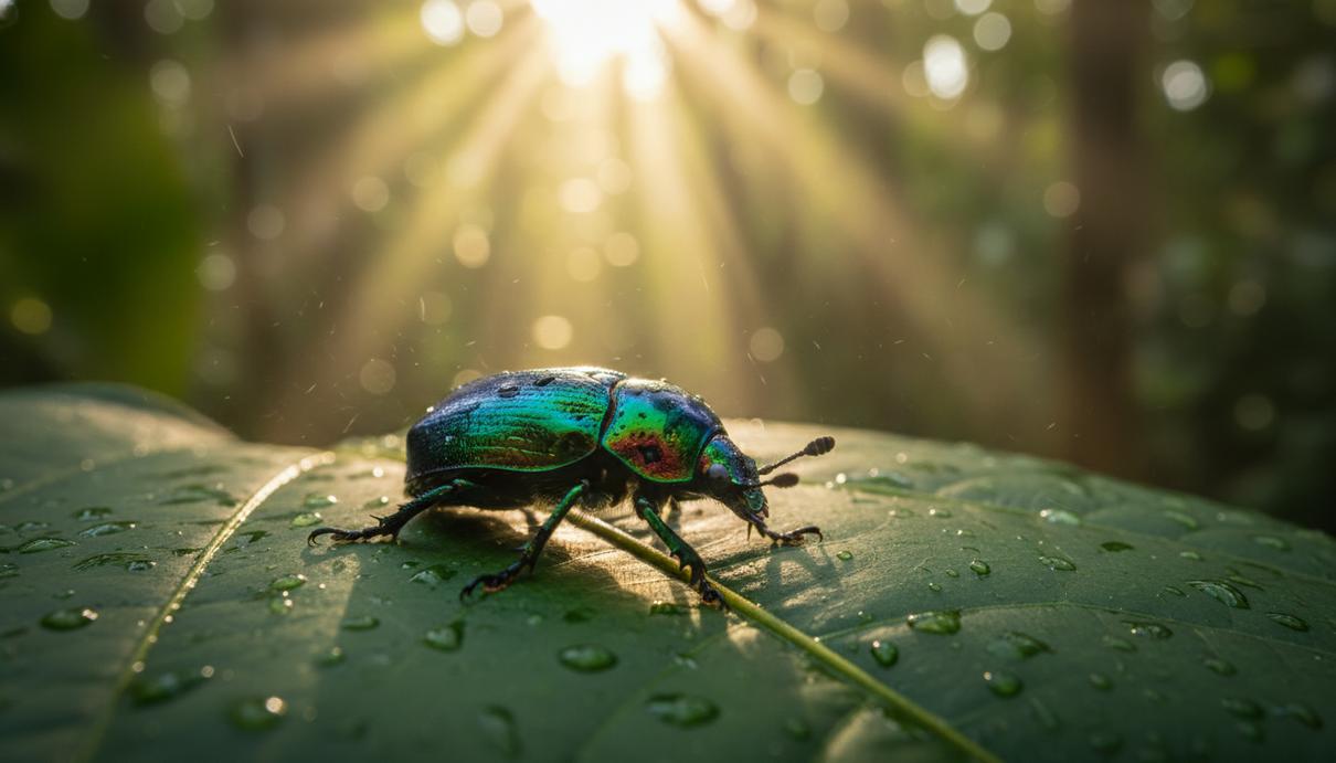 Яркий тропический жук с переливающейся окраской сидит на большом зеленом листе в джунглях под лучами жаркого солнца.