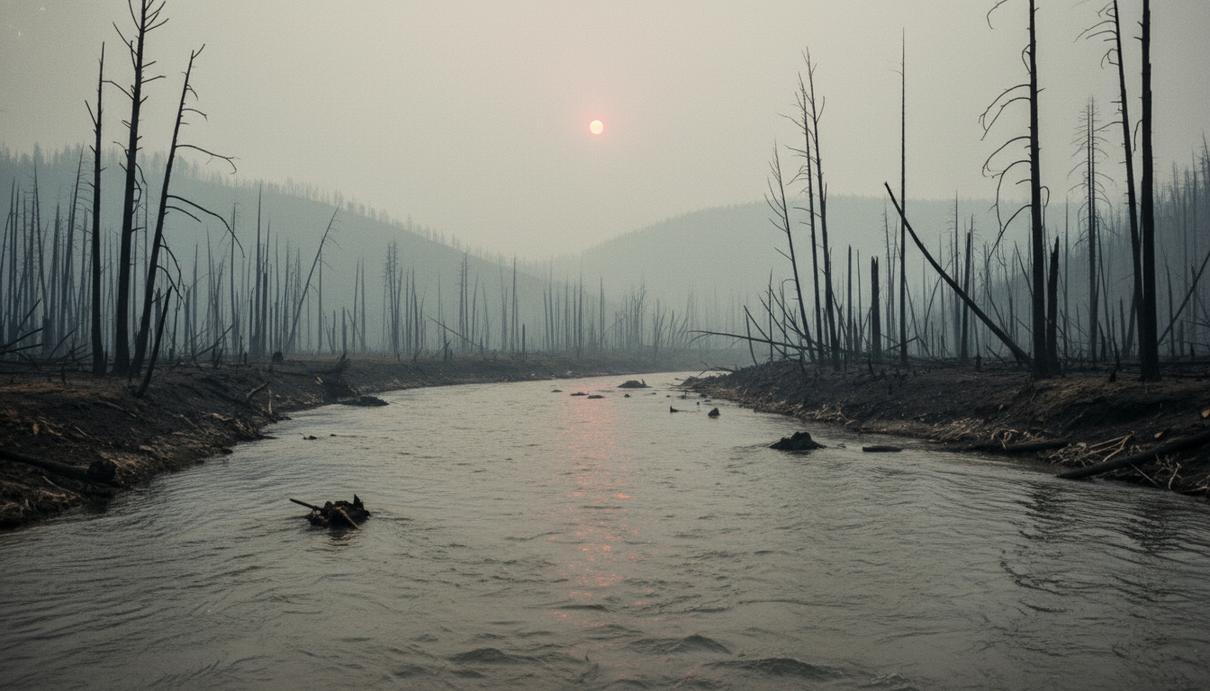 Река с мутной от пепла водой, протекающая через выжженный после лесного пожара лес с почерневшими деревьями.