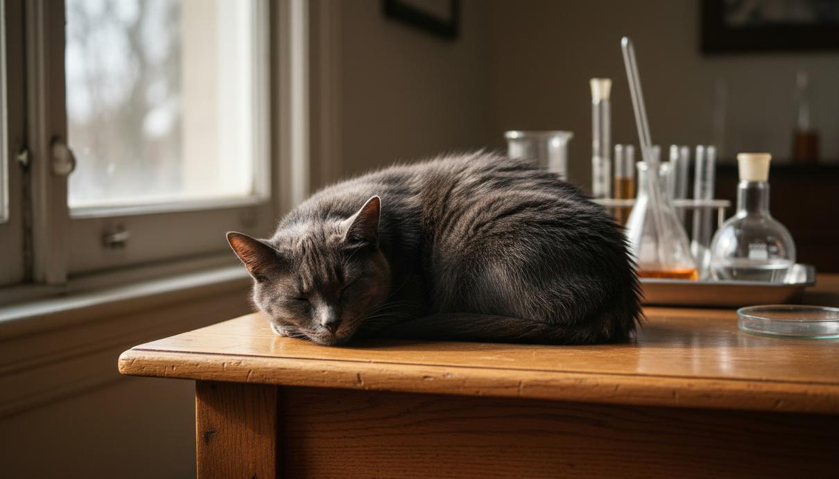 Домашняя кошка спокойно лежит на деревянном столе у окна. На заднем плане размыто видна лабораторная посуда.
