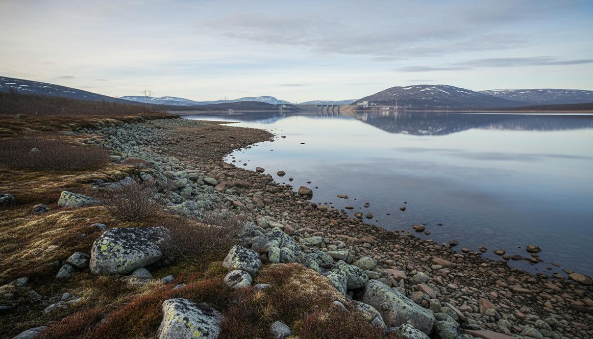 Обширное субарктическое озеро с каменистыми берегами на фоне гор, вдали видна плотина гидроэлектростанции.