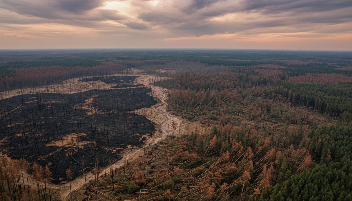 Воздушный вид на европейский лес со следами пожаров, поваленными деревьями и участками мёртвого леса от нашествия короедов.