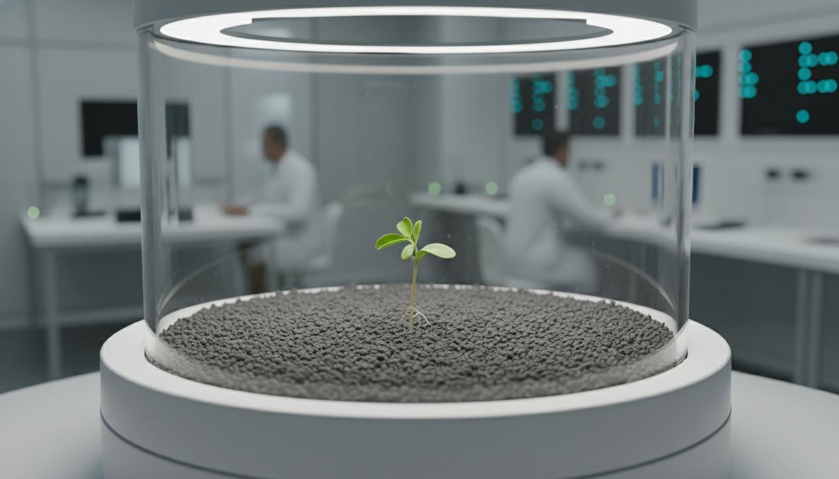Зеленый росток нута пробивается из серого лунного грунта в лабораторном контейнере на фоне научного оборудования.