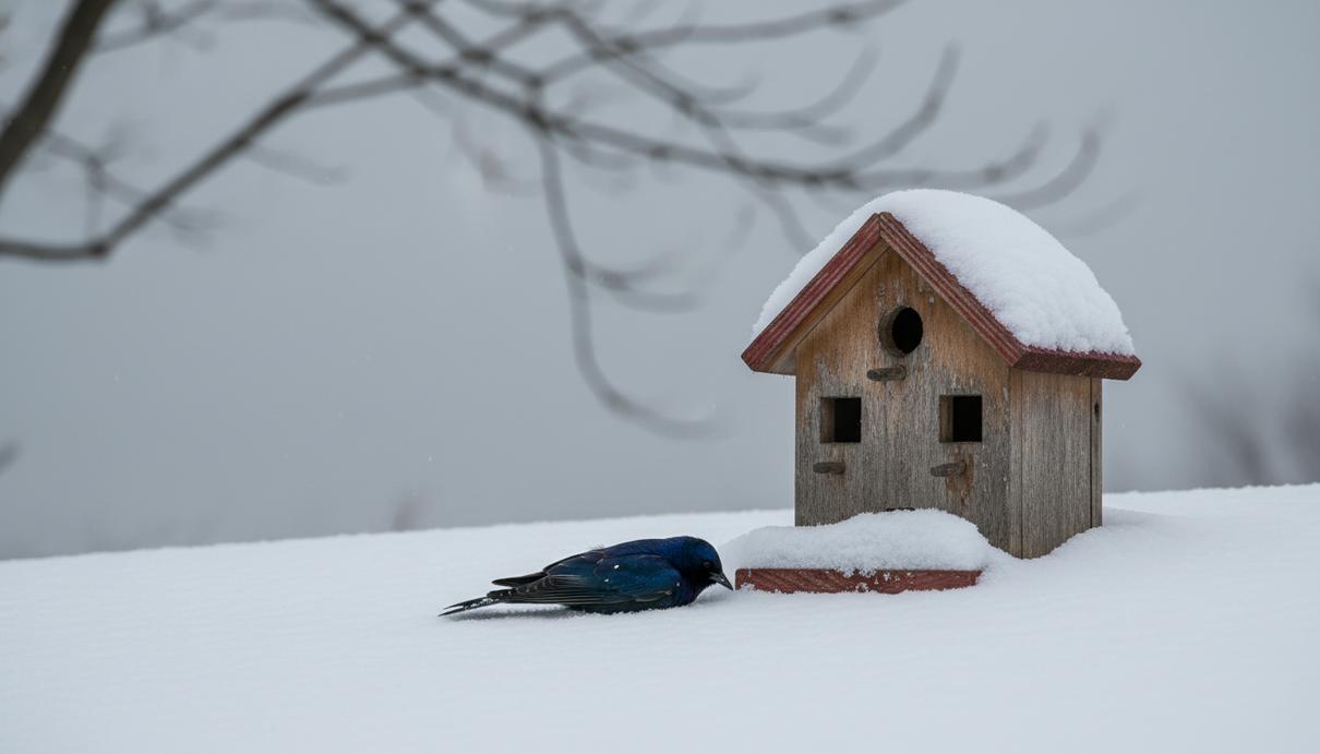 Мертвая пурпурная лесная ласточка лежит на белом снегу рядом с большим деревянным скворечником в холодный зимний день.