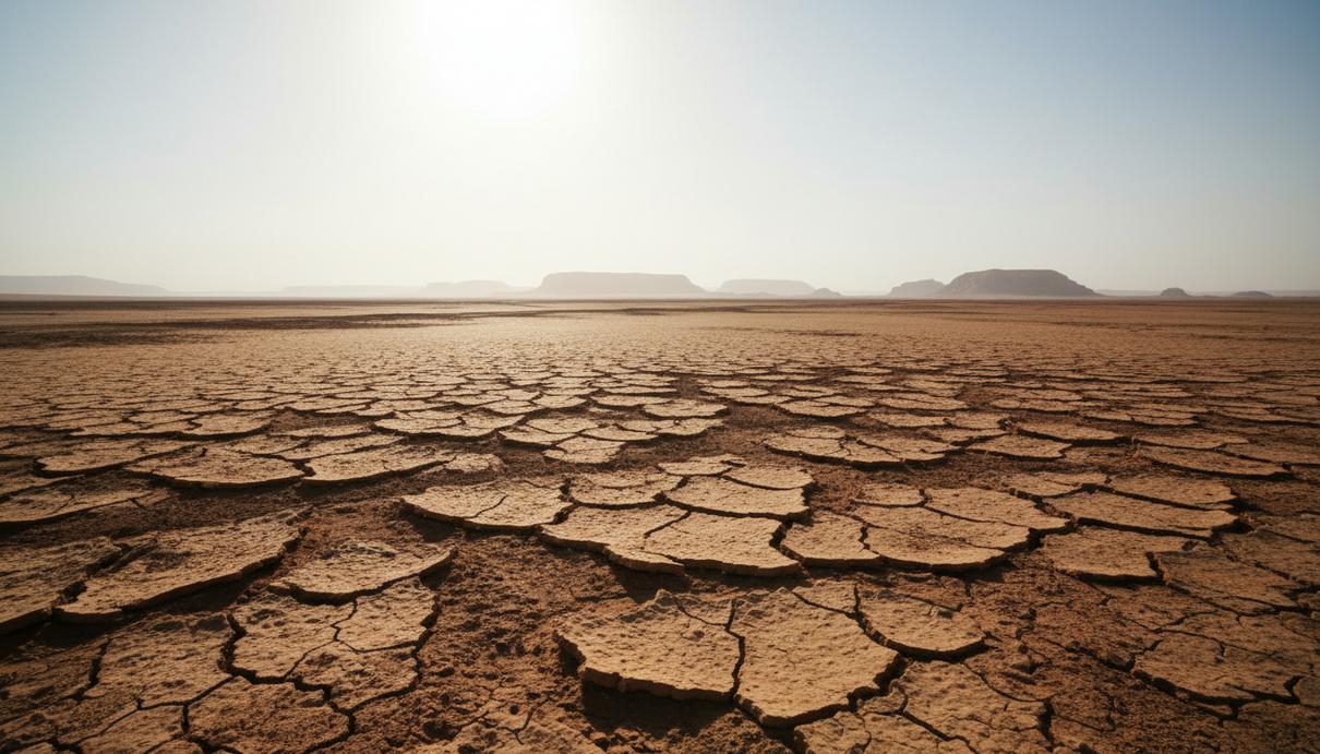 Выжженная солнцем растрескавшаяся земля до самого горизонта, символизирующая сильную засуху и глобальное потепление.