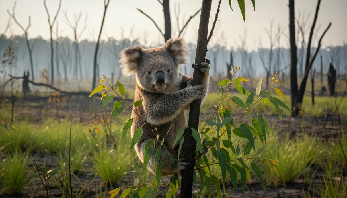 Коала сидит на эвкалиптовом дереве со свежими листьями на фоне австралийского пейзажа, восстанавливающегося после лесного пожара.