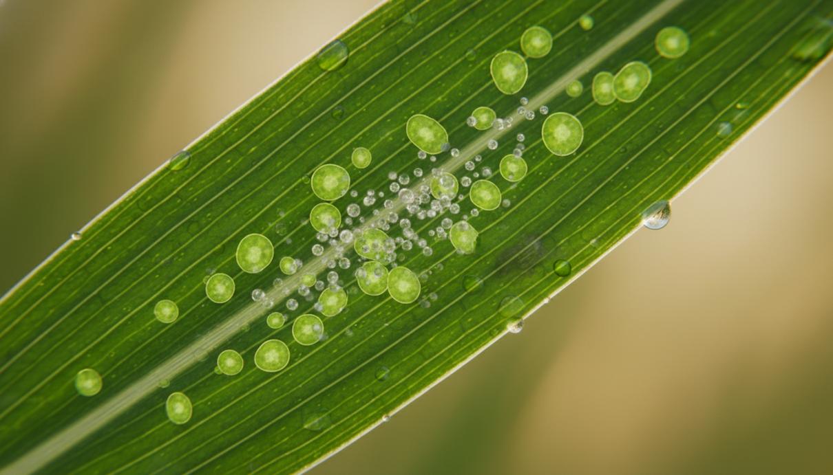 Макроснимок зеленого листа пшеницы, на котором видны клеточные структуры и светящиеся хлоропласты, концентрирующие углекислый газ.