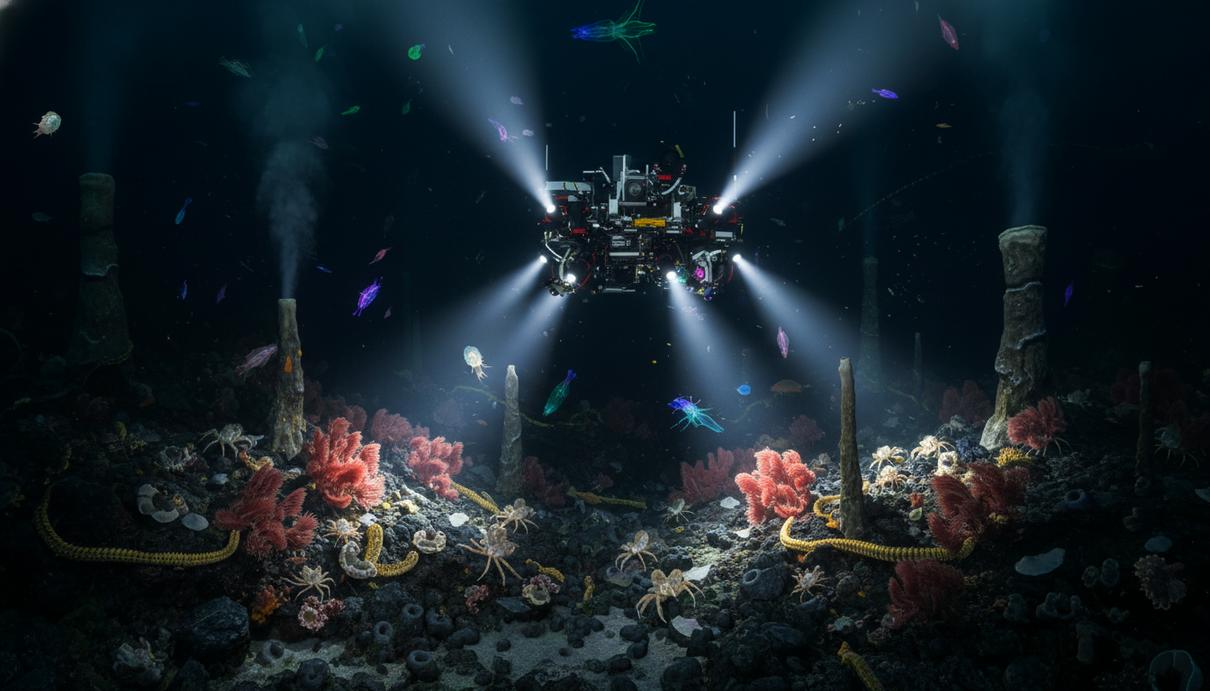 Глубоководный исследовательский аппарат с включенными прожекторами освещает дно океана у гидротермального источника с морскими организмами.