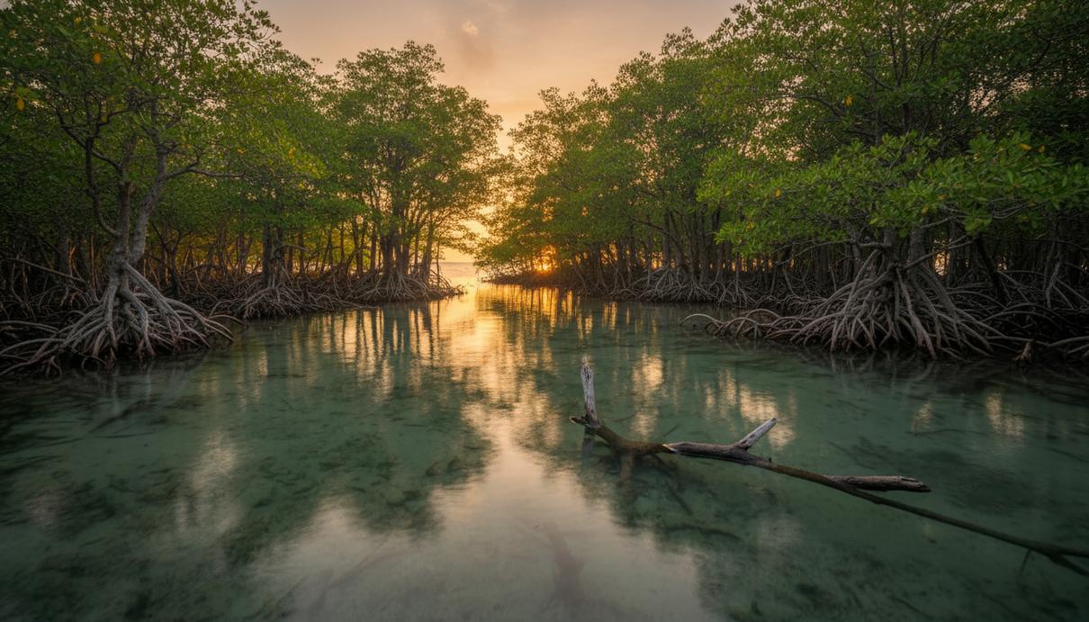 Густой мангровый лес на побережье океана. Сложные переплетенные корни деревьев уходят под прозрачную воду.