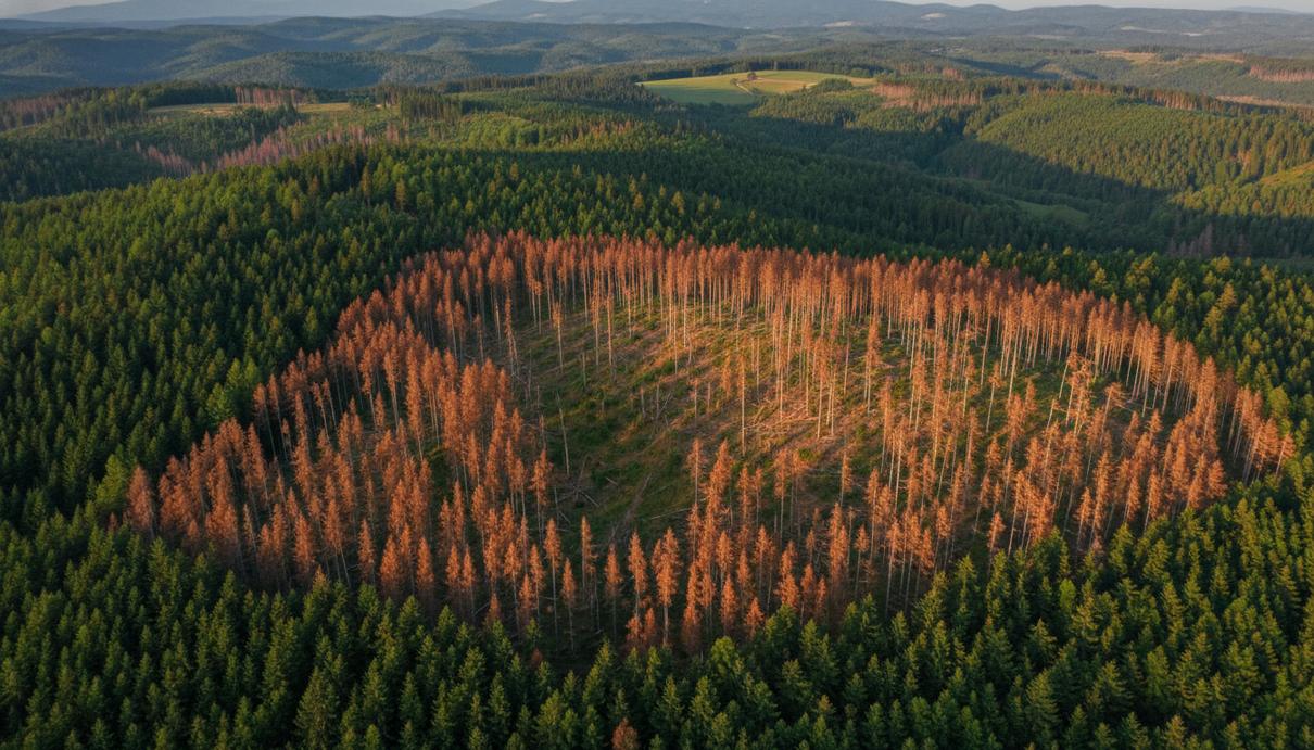 Вид с воздуха на европейский лес, где участок здоровых зеленых деревьев резко контрастирует с большой зоной погибшего рыжего леса, пораженного короедом.