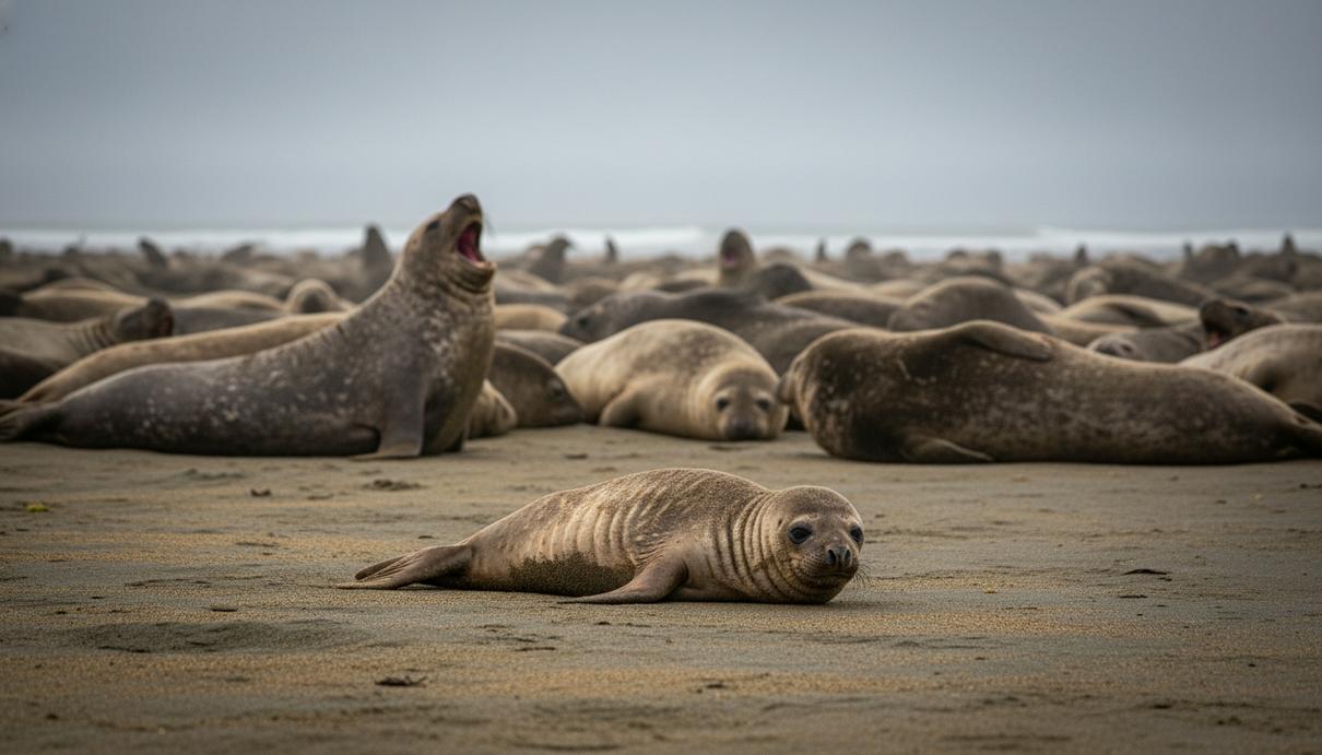 Одинокий детеныш северного морского слона лежит на песчаном пляже на фоне большой колонии тюленей в Калифорнии.