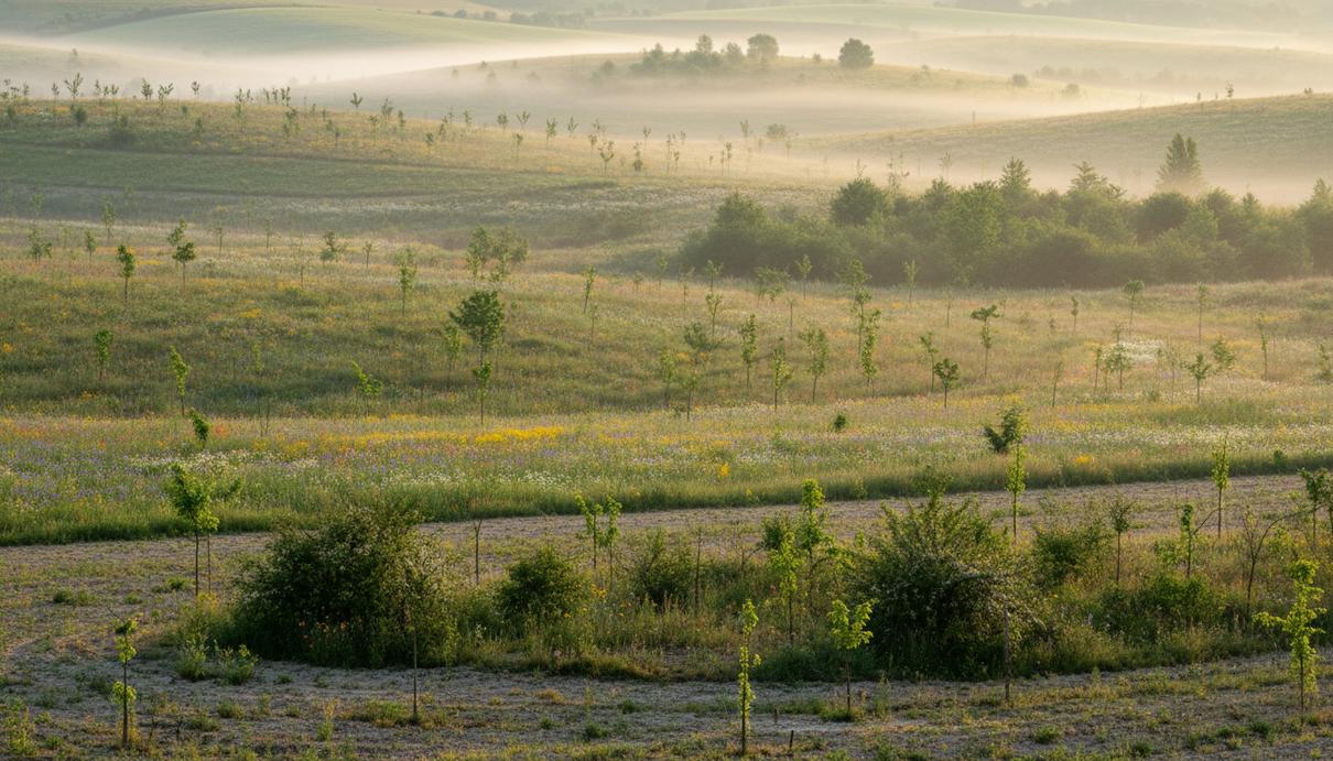 Холмистый пейзаж с заброшенным сельскохозяйственным полем, которое зарастает дикими цветами и молодыми деревьями.