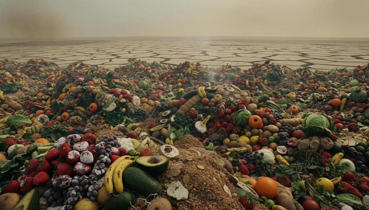 Огромная свалка, полностью состоящая из выброшенных свежих продуктов – гор фруктов, овощей и хлеба на фоне сухой, потрескавшейся земли.
