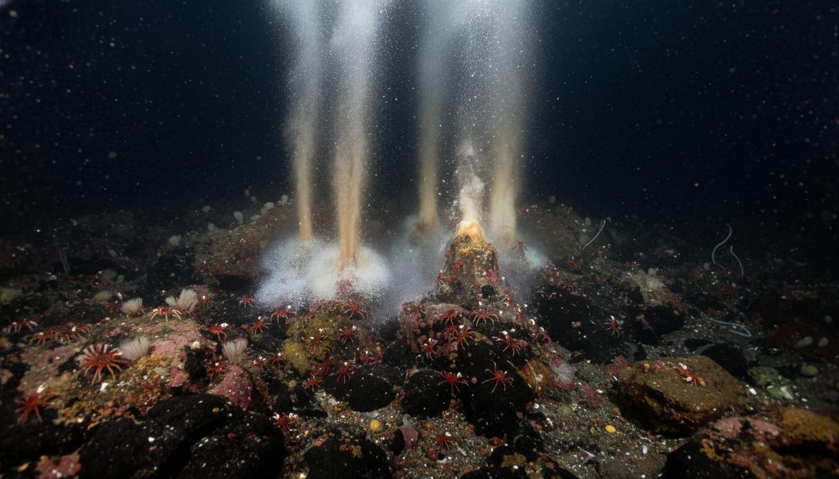 Гидротермальный источник на дне океана, выделяющий пузырьки газа и горячую воду, в окружении скал и морских крабов.