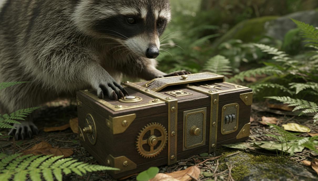 Енот изучает деревянную коробку-головоломку, трогая передними лапами металлические задвижки и дверцы на фоне листвы.