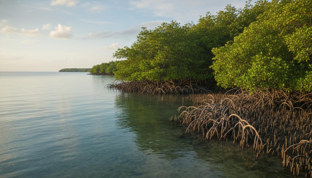 Густые мангровые заросли на побережье с переплетенными обнаженными корнями, уходящими в темную почву у кромки воды.