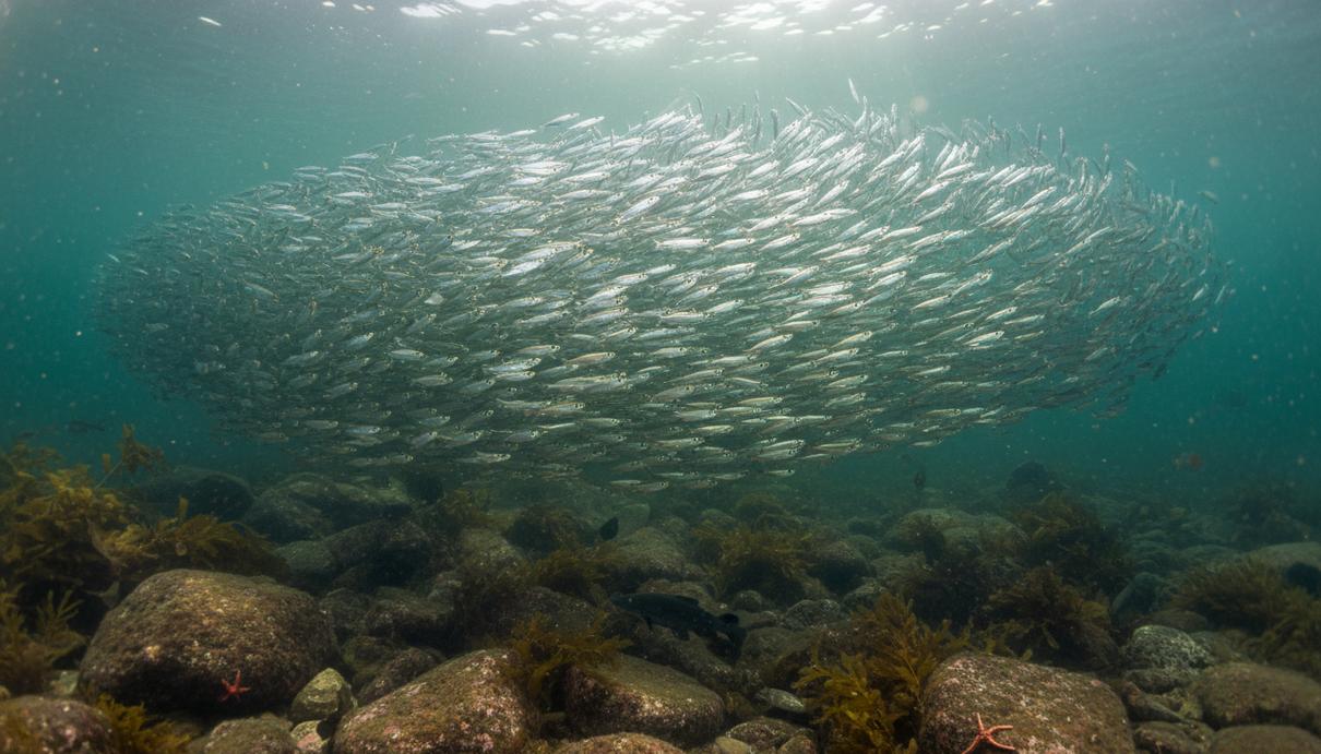 Стая серебристой сельди плывет в темной толще морской воды над каменистым дном в лучах пробивающегося сверху света.