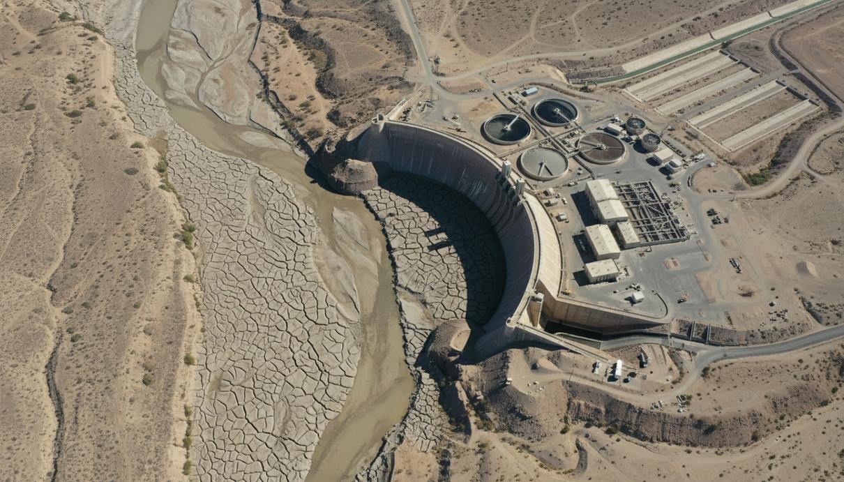 Пересохшее русло реки в пустыне рядом с массивной бетонной плотиной и комплексом промышленных очистных сооружений.