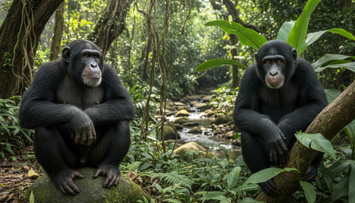 Шимпанзе и бонобо сидят среди густой зеленой растительности, деревьев и крупных камней в освещенном солнцем лесу.
